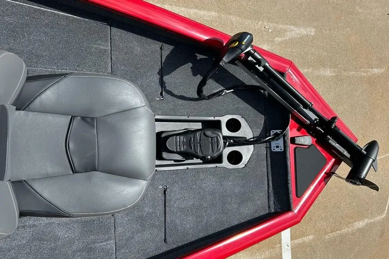 Slide: The Image of 2026 Tracker Pro Team 190 boat interior with gray seat and trolling motor. - 4