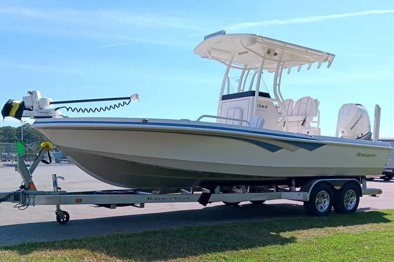 Slide: The Image of 2026 Ranger 2360 Bay boat on trailer, featuring modern design and dual engines. - 7