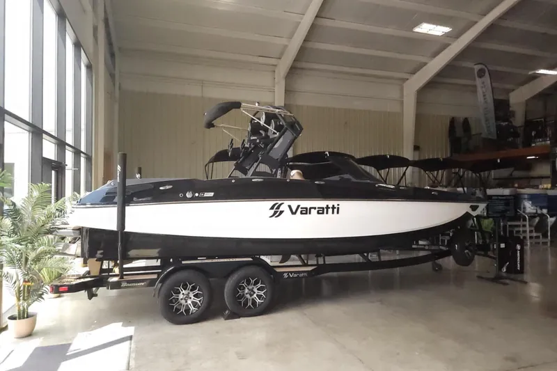 The Image of 2024 Varatti Z2272 boat displayed indoors on a trailer. - 1