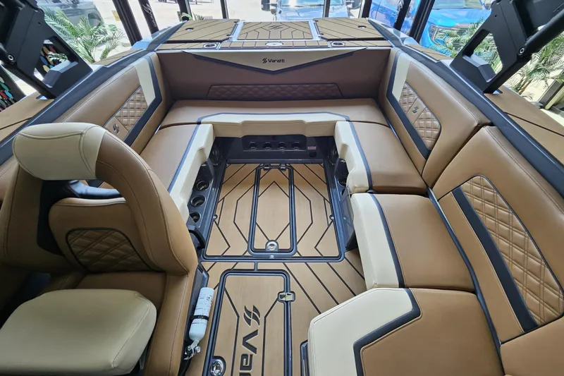 Slide: The Image of Luxurious interior of 2024 Varatti Z2272 boat with tan leather seating and stylish design. - 6