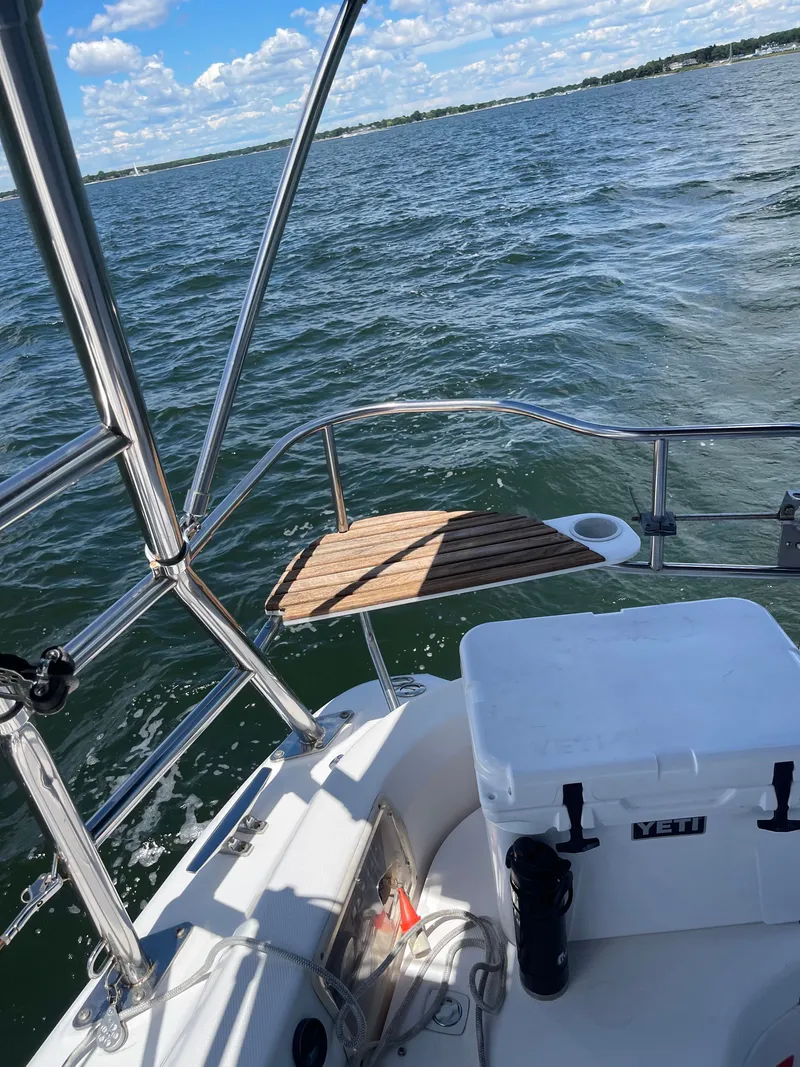 Slide: The Image of View from the deck of a Hunter 356 yacht overlooking the water. - 42