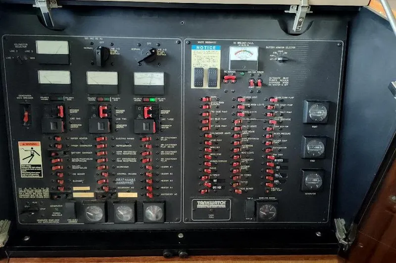 Slide: The Image of Control panel of a 1998 Bayliner 4788 Pilot House Motoryacht, featuring switches and gauges. - 46