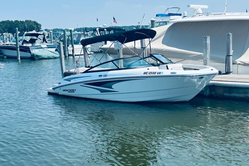 Slide: The Image of 2024 Monterey M-20 boat docked in a marina, featuring sleek design and modern amenities. - 13