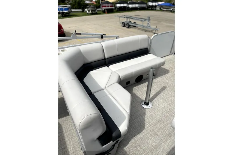 Slide: The Image of 2019 G3 SunCatcher V22 pontoon boat with white and black seating arrangement. - 8