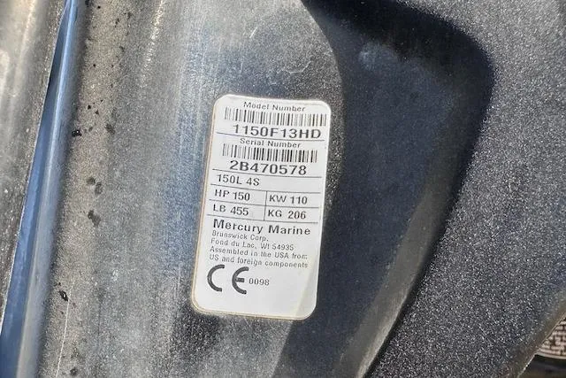 Slide: The Image of Label on Mercury Marine engine, model 1150F13HD, 150 HP, for Sun Tracker SportFish 22 DLX. - 25
