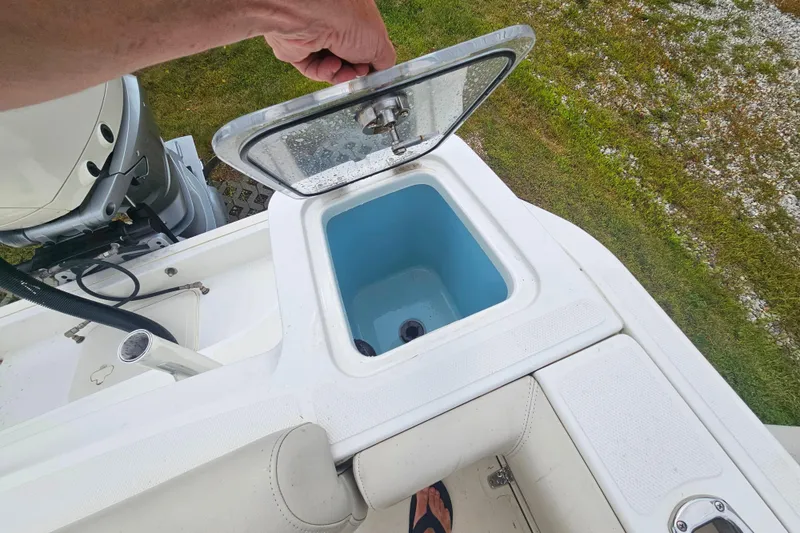 Slide: The Image of 2019 Boston Whaler 230 Outrage livewell with open lid, showcasing interior. - 11