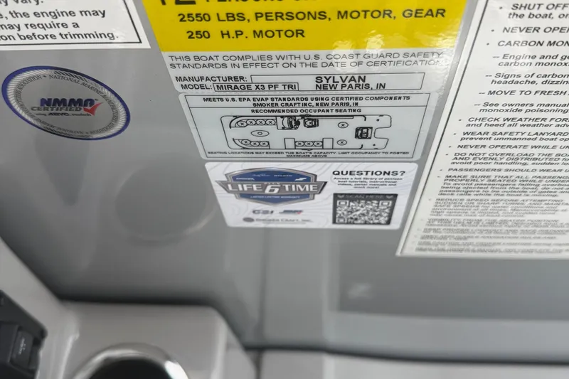 Slide: The Image of Safety and compliance labels on a 2026 SLYVAN X-3 Party Fish boat. - 26