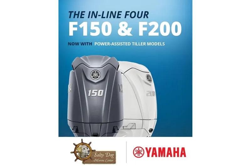 Slide: The Image of Yamaha F150 and F200 outboards with power-assisted tiller models, Salty Dog Marine Center. - 17