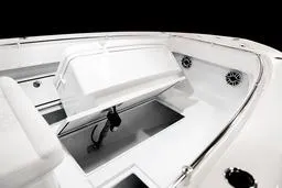 Slide: The Image of 2026 Contender 28 Tournament boat interior with storage compartments and sleek design. - 8