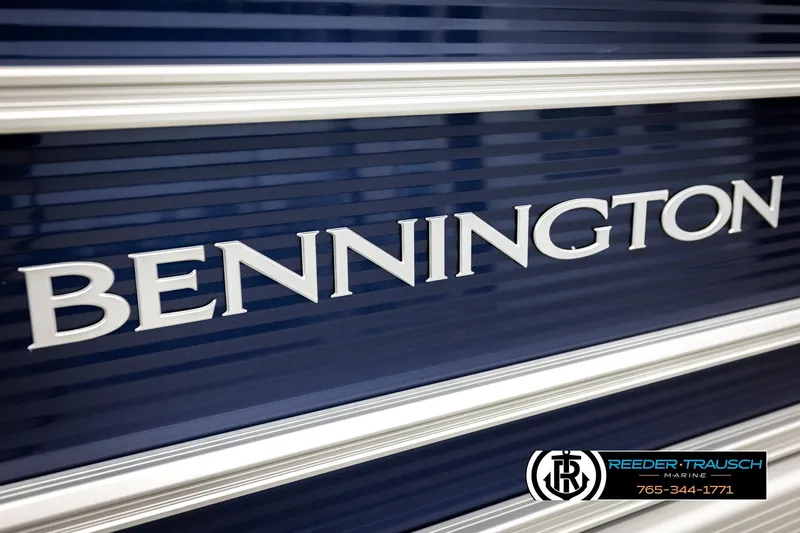 Slide: The Image of 2026 Bennington 188 SLJSE boat logo on sleek blue background. - 45