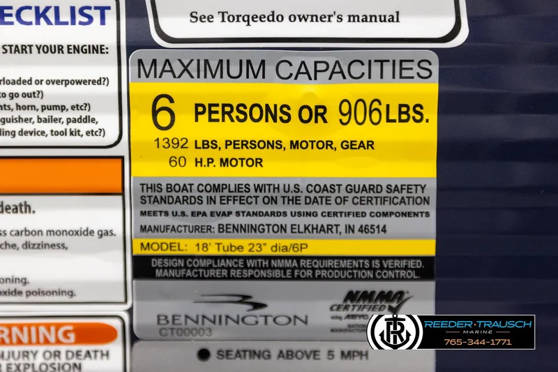 Slide: The Image of 2026 Bennington 188 SLJSE capacity label: 6 persons, 906 lbs, 60 HP motor. - 49