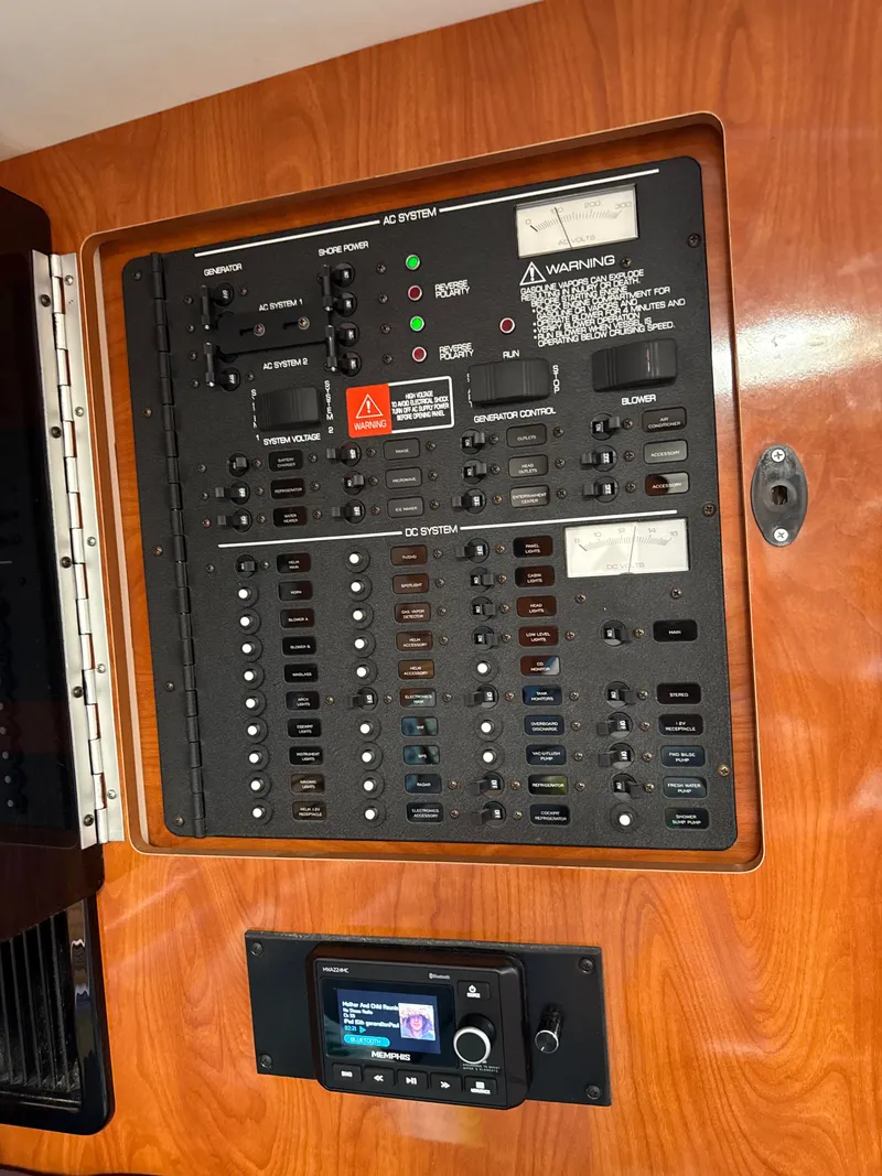 Slide: The Image of Electrical control panel on a 2004 Four 328 Vista boat, featuring AC and DC systems. - 5