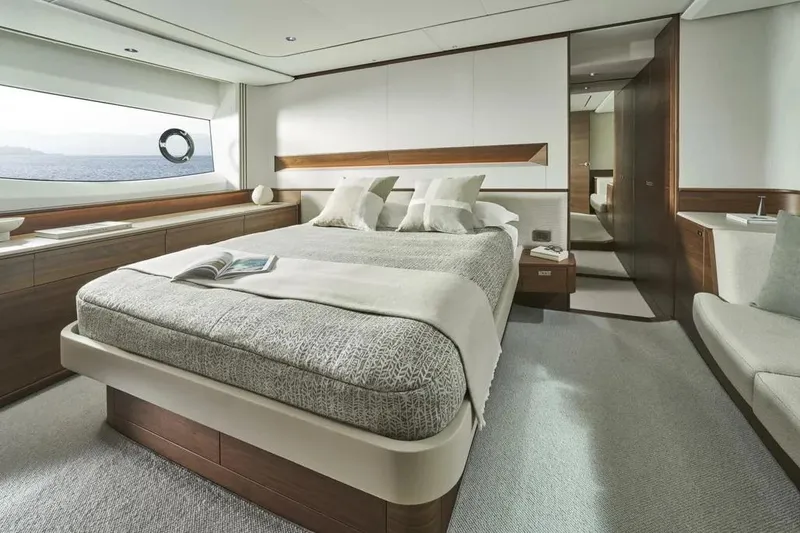 Slide: The Image of Luxurious bedroom interior of 2026 Princess F65 yacht with ocean view. - 13