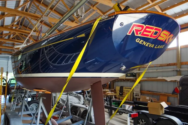 Slide: The Image of 2012 Morris Yachts M29 sailboat "Red Sky" in a boathouse, Geneva Lake. - 5