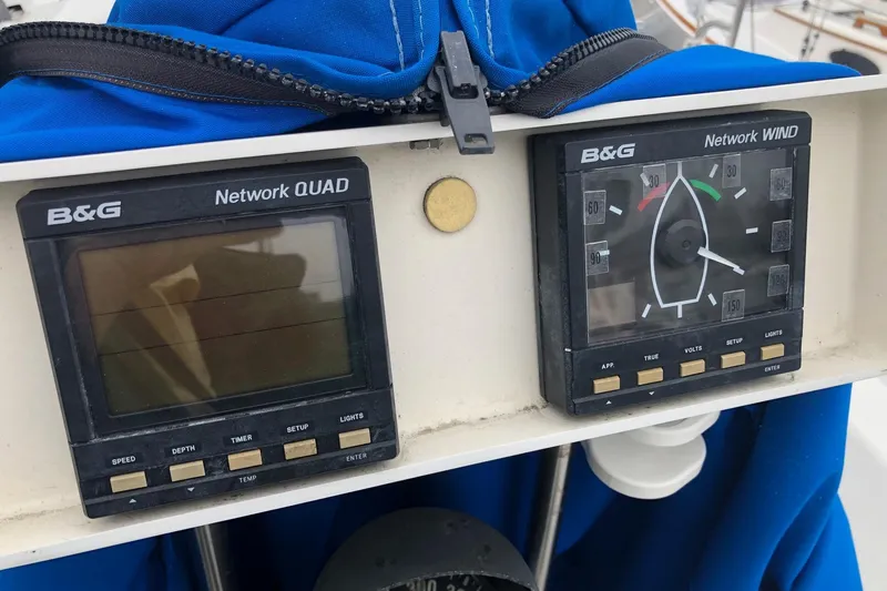 Slide: The Image of B&G Network instruments on a 1995 Catalina 270 sailboat dashboard. - 16