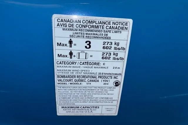 Slide: The Image of 2018 Sea-Doo GTX 155 compliance notice showing maximum capacity and safety limits. - 19