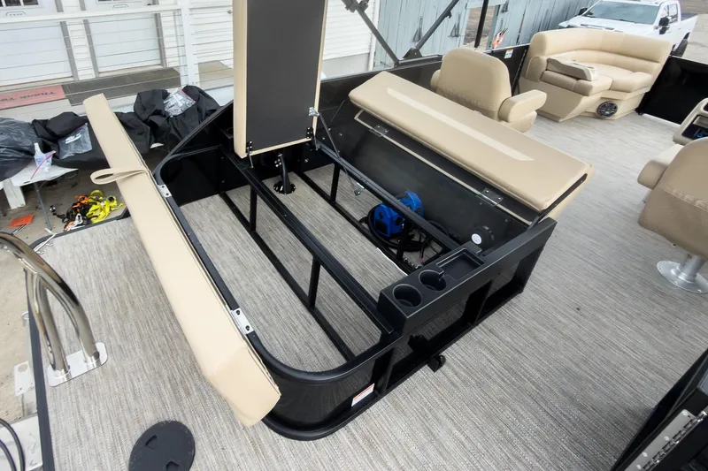 Slide: The Image of 2026 Godfrey Sweetwater Xperience 22' Tritoon interior with flip lounge seating. - 20