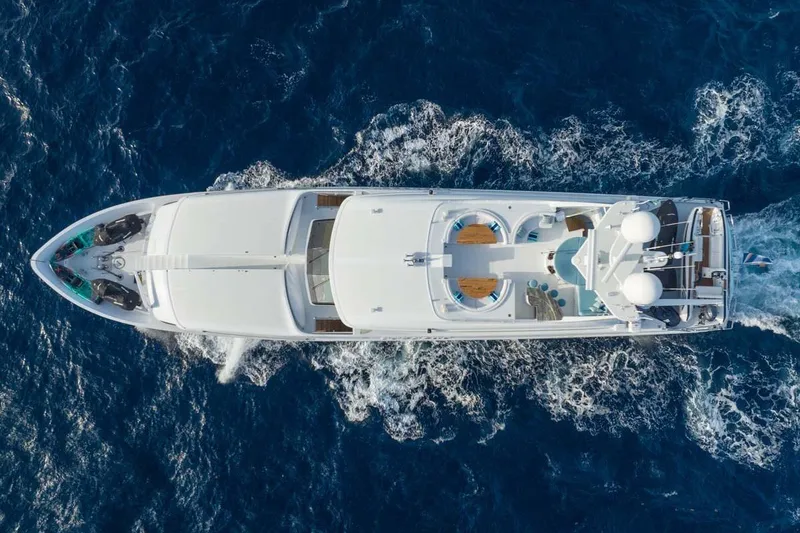 Slide: The Image of Aerial view of 2001 Westship Skylounge yacht cruising on the ocean. - 63