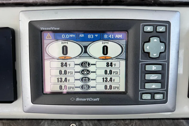Slide: The Image of SmartCraft VesselView display on 2009 Sea Ray 470 Sundancer showing engine metrics. - 65