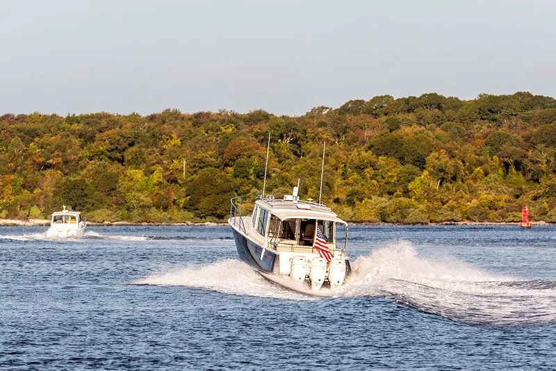 Slide: The Image of 2018 MJM 43z boat cruising on a scenic lake with lush green shoreline. - 3