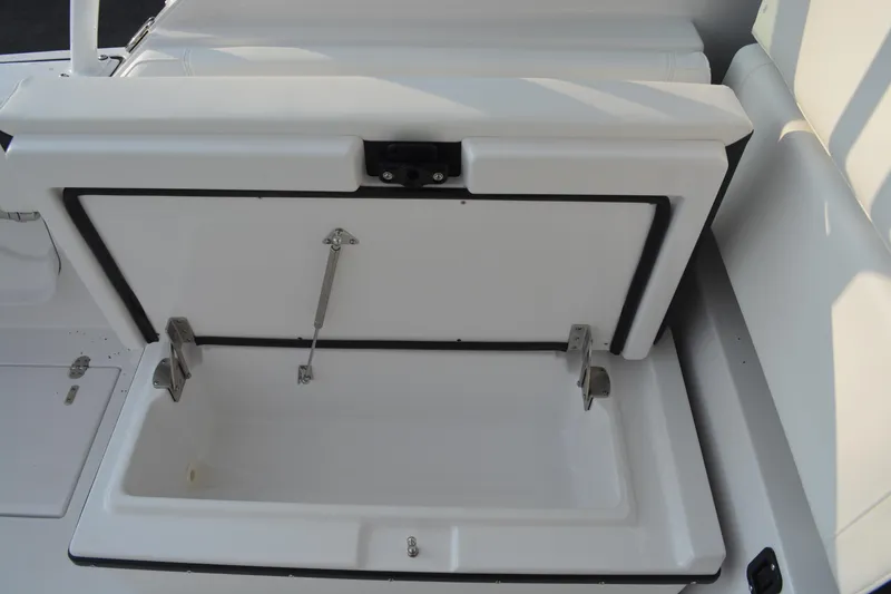 Slide: The Image of 2026 Blackfin 272 DC boat storage compartment open, showcasing interior space. - 21