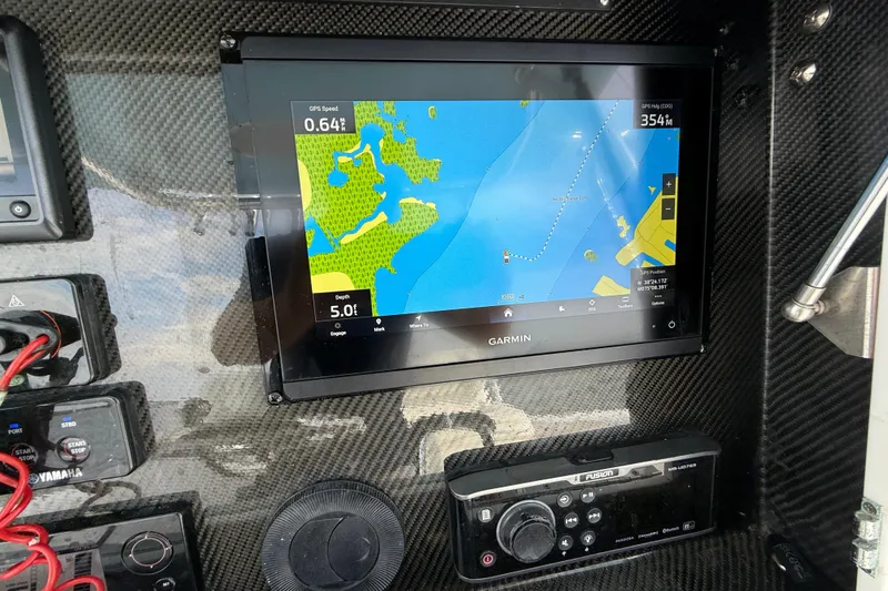 Slide: The Image of Garmin navigation display on 2018 SeaHunter 35 Tournament boat dashboard. - 56