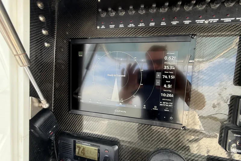 Slide: The Image of Garmin navigation display on 2018 SeaHunter 35 Tournament boat dashboard. - 57