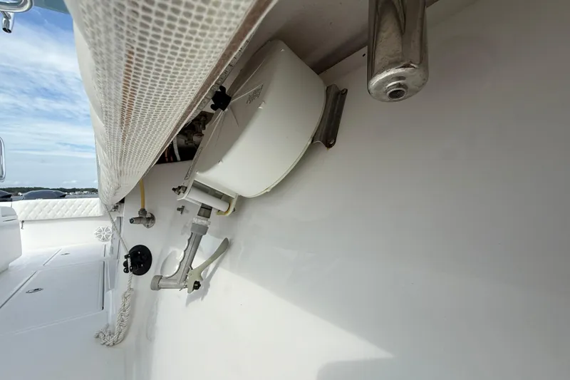 Slide: The Image of 2018 SeaHunter 35 Tournament boat deck with equipment and storage details. - 90