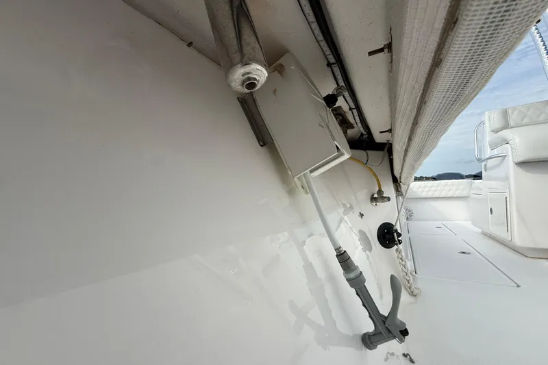 Slide: The Image of 2018 SeaHunter 35 Tournament boat interior, featuring white seating and deck details. - 91