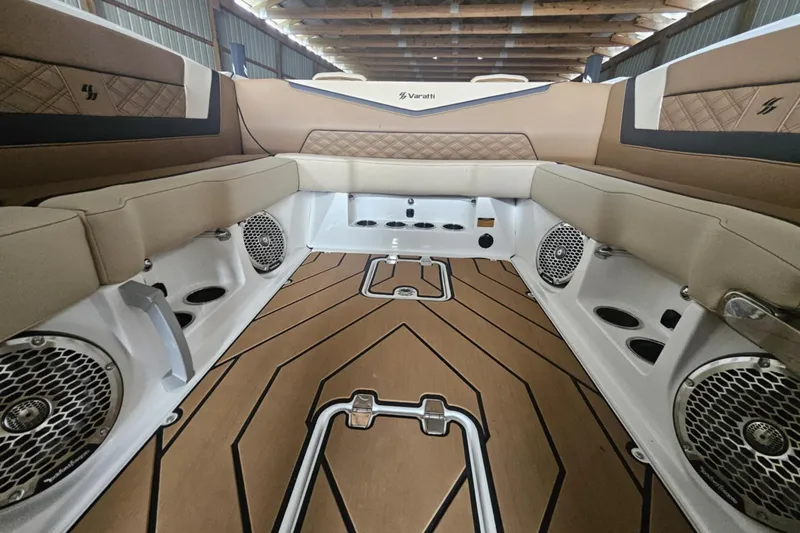 Slide: The Image of Interior of 2025 Varatti Z2373 boat with premium seating and audio system. - 12