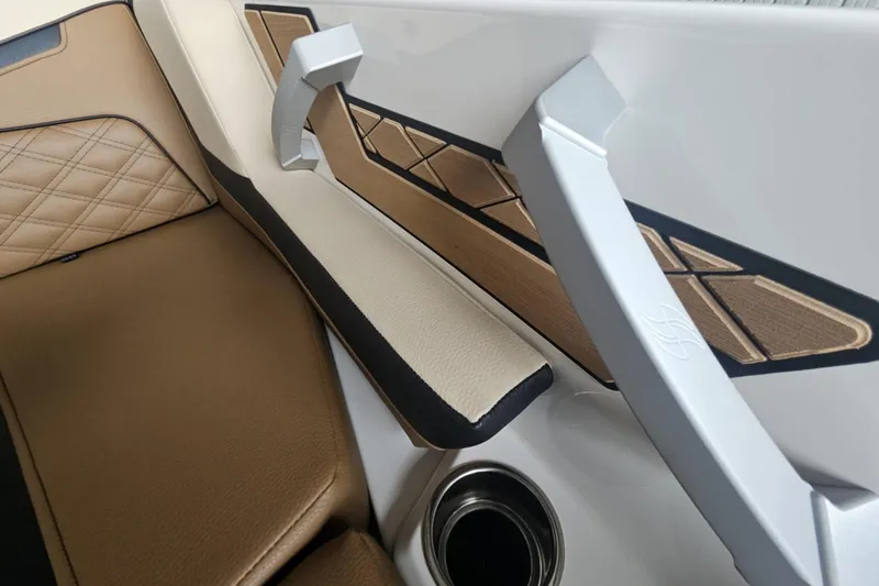 Slide: The Image of Interior of 2025 Varatti Z2373 boat with tan leather seating and modern design elements. - 15