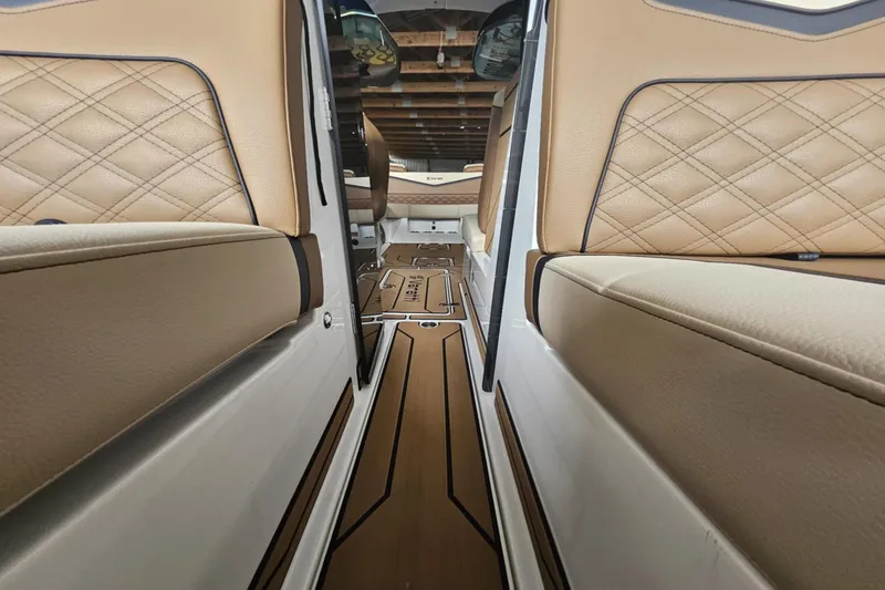 Slide: The Image of Luxurious interior of 2025 Varatti Z2373 boat with tan leather seating and sleek design. - 16