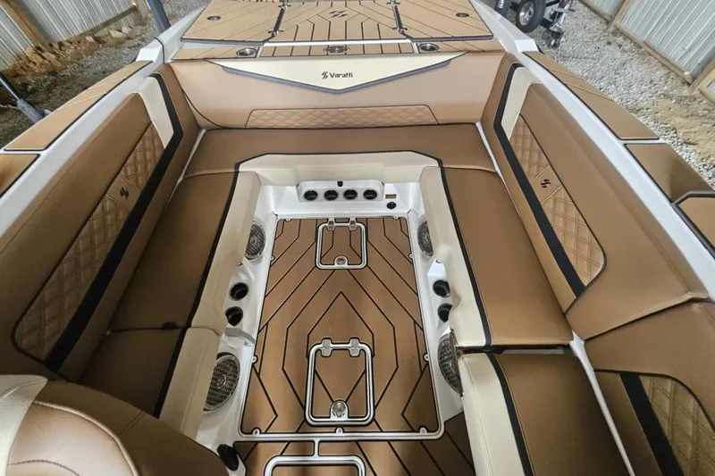 Slide: The Image of Luxurious interior of 2025 Varatti Z2373 boat with tan seating and stylish flooring. - 18