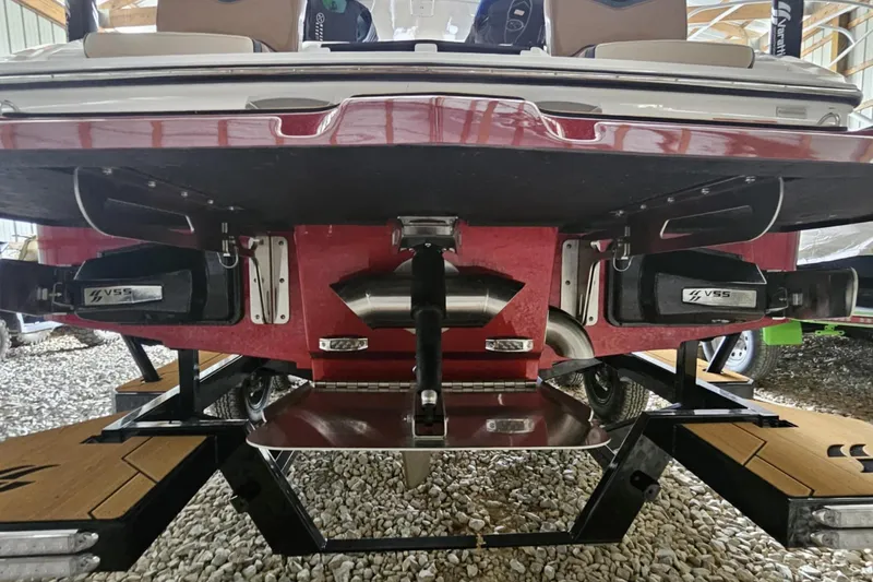 Slide: The Image of 2025 Varatti Z2373 boat underside with VSS components in a garage setting. - 20