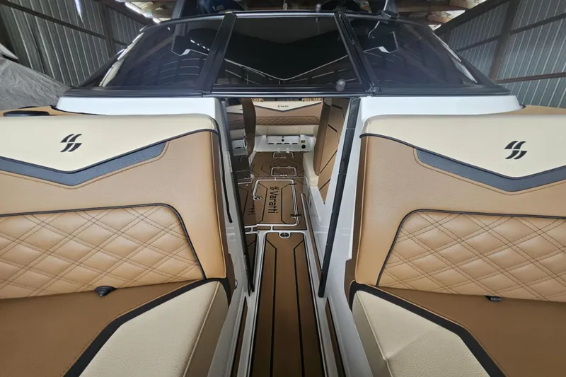 Slide: The Image of Luxurious interior of 2025 Varatti Z2373 boat with tan leather seating. - 8