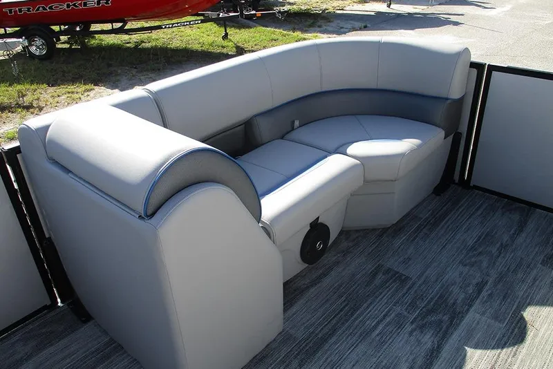Slide: The Image of 2026 Bentley Pontoons 223 Bolt interior seating with gray upholstery and modern design. - 15