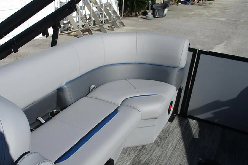 Slide: The Image of 2026 Bentley Pontoons 223 Bolt interior with sleek gray seating and modern design. - 25