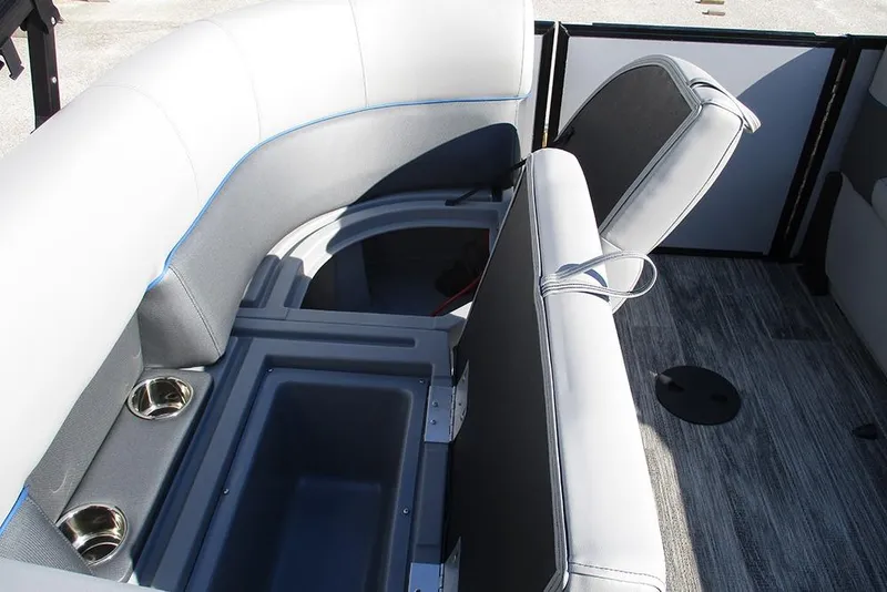 Slide: The Image of 2026 Bentley Pontoons 223 Bolt interior seating with storage and cup holders. - 26