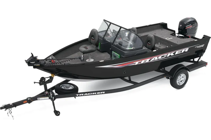 Slide: The Image of Manufacturer Provided Image: 2026 Tracker Pro Guide V-175 WT fishing boat on trailer, black exterior, dual consoles. - 6