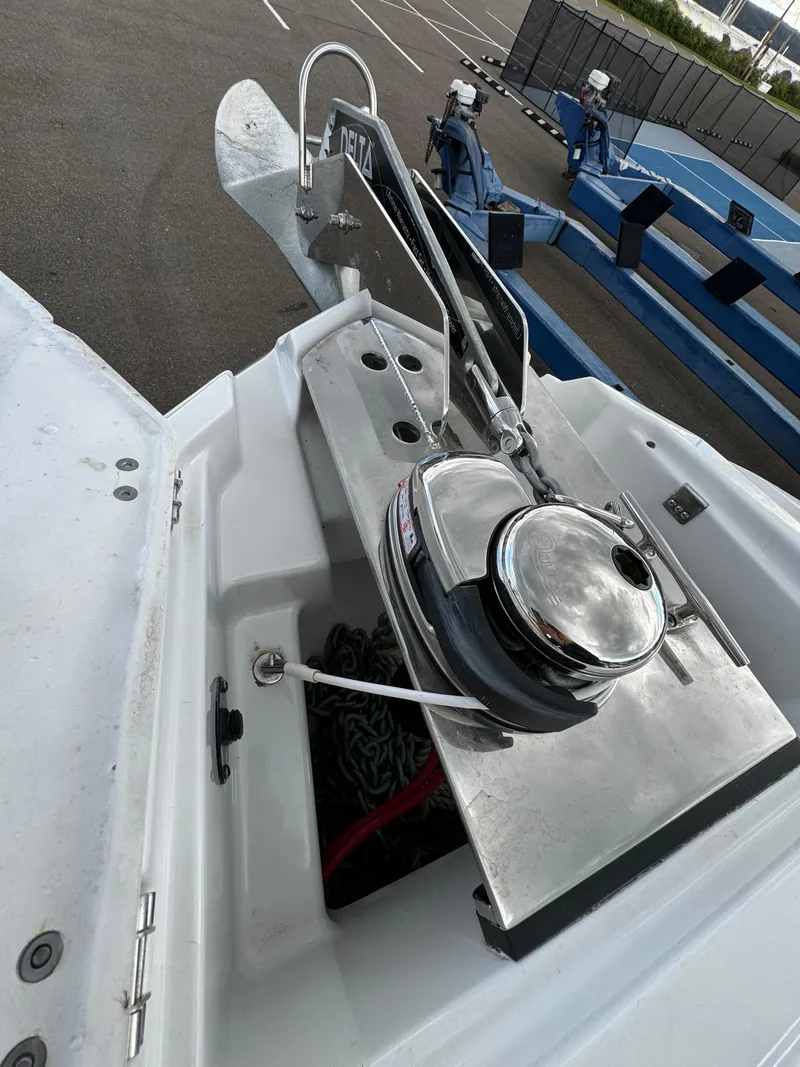 Slide: The Image of Anchor system on 2022 Monterey 258 Super Sport boat, parked on a trailer. - 33