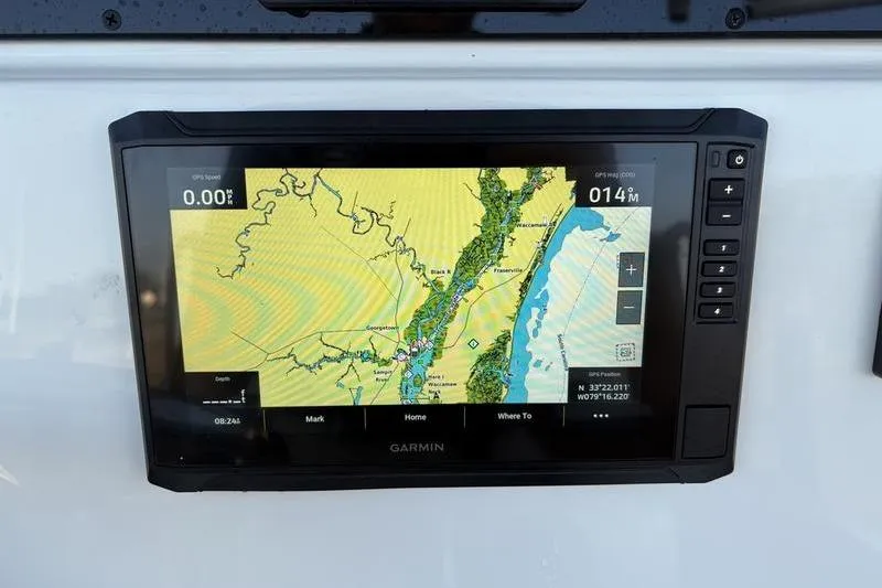 Slide: The Image of Garmin GPS display on 2026 Pioneer Islander 222 boat, showing navigational map. - 21