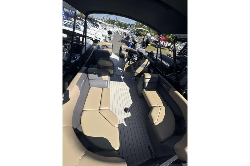 Slide: The Image of 2026 Viaggio x22u boat interior with spacious seating and modern design. - 2