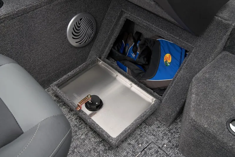 Slide: The Image of Manufacturer Provided Image: 2026 Tracker Pro Guide V-175 Combo interior storage compartment with gear and speaker. - 39