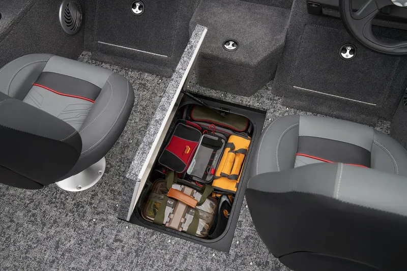 Slide: The Image of Manufacturer Provided Image: 2026 Tracker Pro Guide V-175 Combo boat interior with storage compartment open. - 43