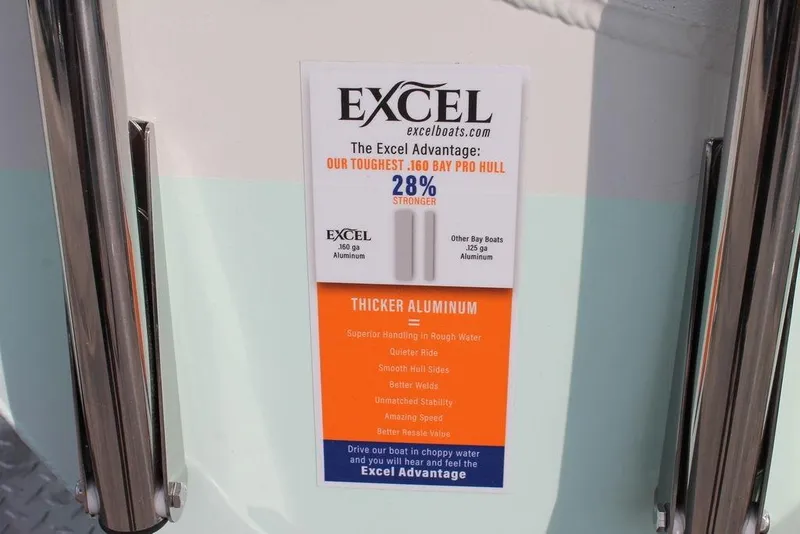 Slide: The Image of Excel Bay Pro Elite 203 boat features, highlighting 28% stronger aluminum hull. - 4