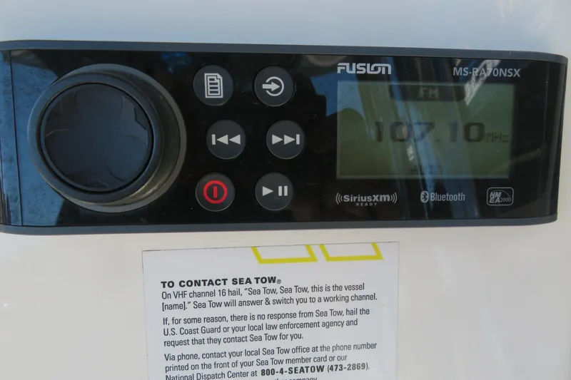 Slide: The Image of Fusion MS-RA70NSX marine stereo on 2021 Key West 239 FS, displaying 107.10 MHz frequency. - 38