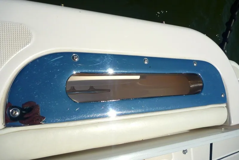 Slide: The Image of Chrome detail on 2006 Tiara 44' Sovran yacht, reflecting sunlight. - 14