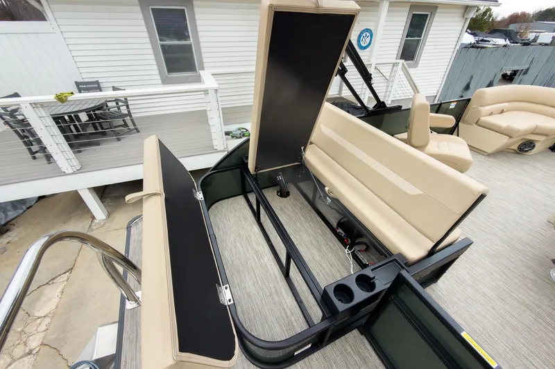 Slide: The Image of 2026 Godfrey Sweetwater Xperience 20' pontoon with flip lounge seating and storage compartments. - 19