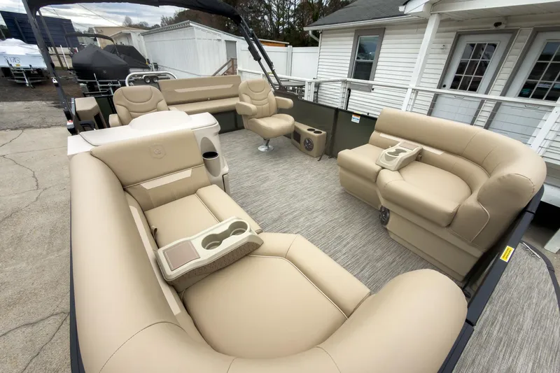 Slide: The Image of 2026 Godfrey Sweetwater Xperience 20' pontoon with luxurious beige seating and spacious layout. - 3