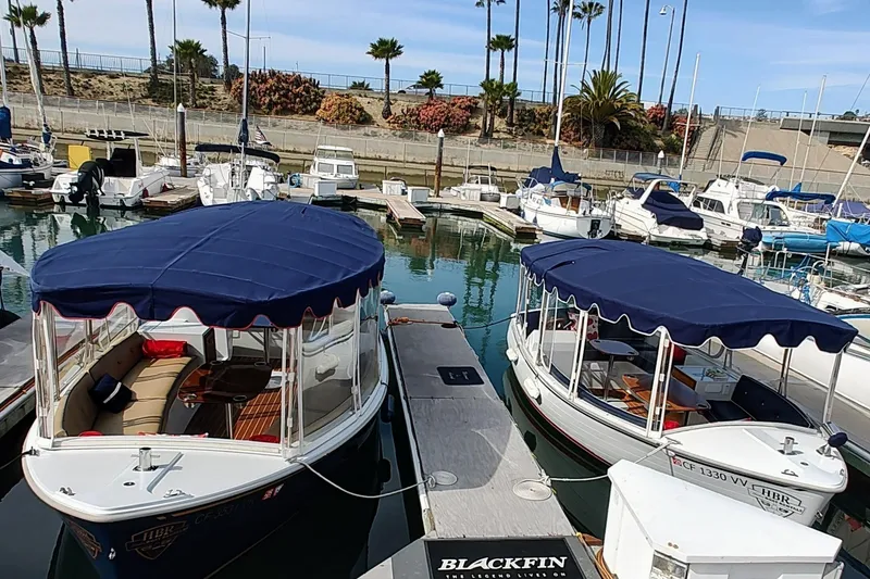 The Image of 2022 Duffy Bay Island boats docked in a marina with blue canopies. - 0